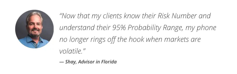 A quote from Shay, an Advisor in Florida: "Now that my clients know their Risk Number and understand their 95% probability range, my phone no longer rings off the hook when markets are volatile."