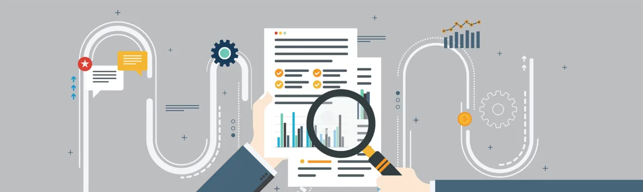 Featured image for young investment analysis article. Illustration of hands holding a magnifying glass over documents with graphs.