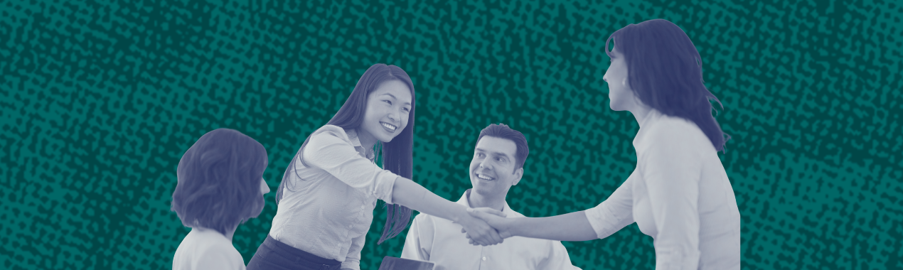 Blog header, teal background, two women shaking hands