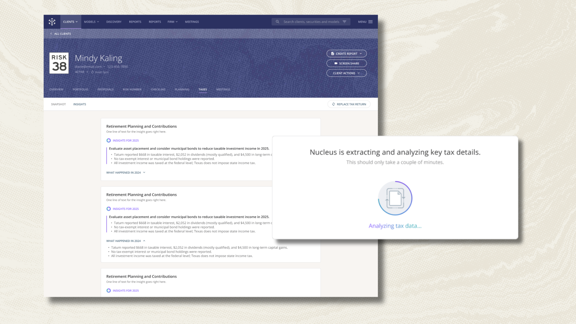 Tax Center Dashboard with Nucleus callout